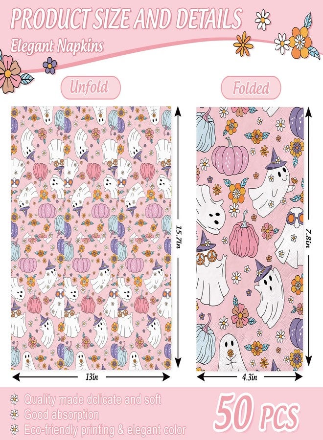 JarThenaAMCS 50Pcs Halloween Guest Napkins Boho Ghost Pumpkin Floral Disposable Paper Napkins Cute Pink Dinner Hand Napkins for Home Kitchen Decor - Image 2